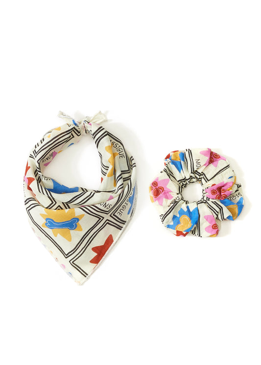 Block Print Pet Bandana & Saç Tokası Set