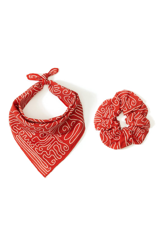 Kırmızı Abstract Print Pet Bandana & Saç Tokası Set